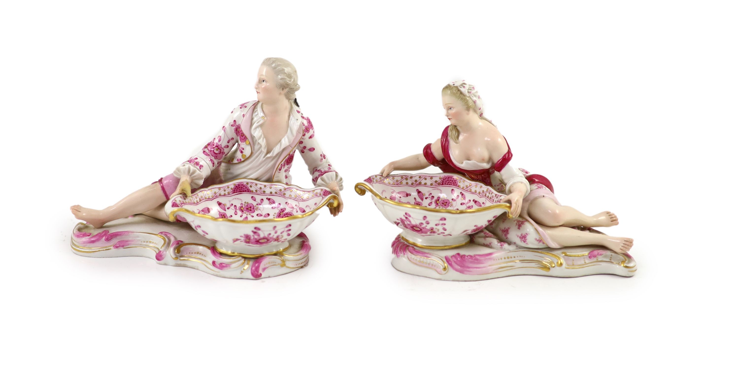 A pair of 19th century Meissen figural sweetmeat dishes, 17cm wide